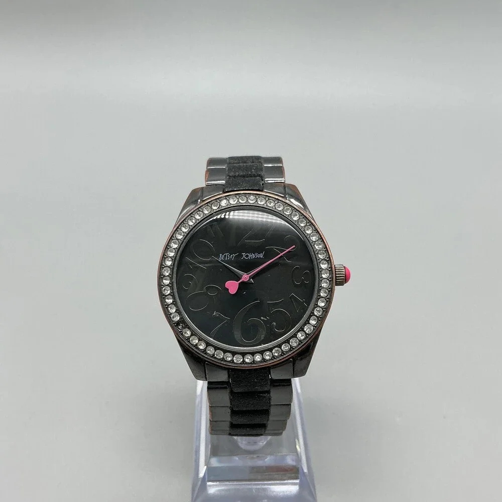 Betsey Johnson BJW024BK Womens Watch 40mm Black Dial Crystals New Battery 7.5